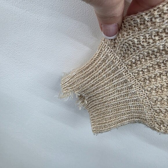 Womens XS Distressed V Neck Striped Knit Sweater Beige Tan Gray Boho Grunge - Picture 7 of 15